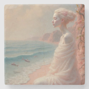 Posavasos De Piedra Mujer etérea en una playa de ensueño