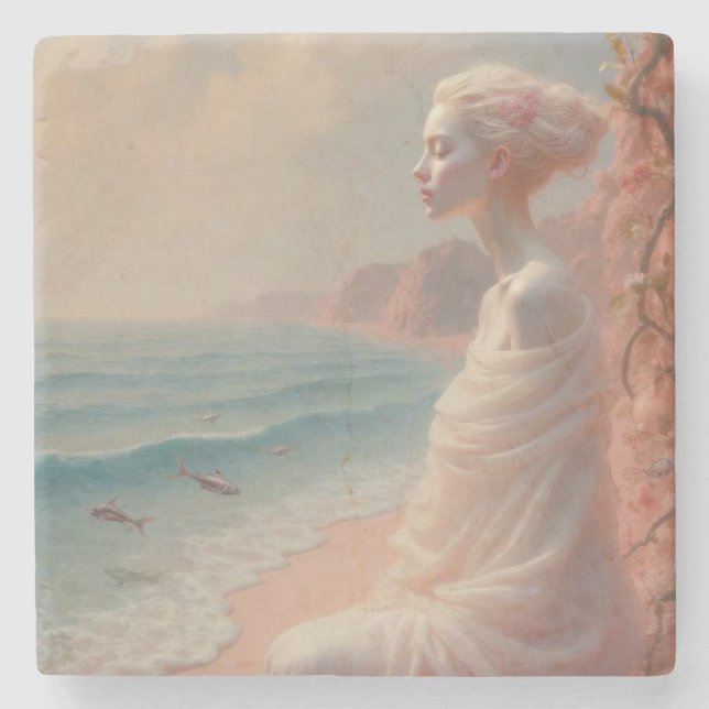Posavasos De Piedra Mujer etérea en una playa de ensueño (Anverso)