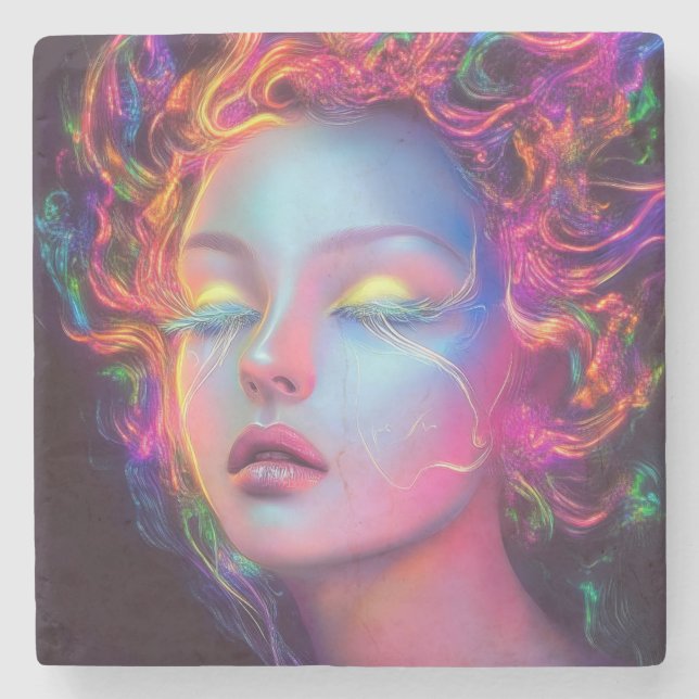 Posavasos De Piedra Mujer extranjera con pelo cósmico (Anverso)