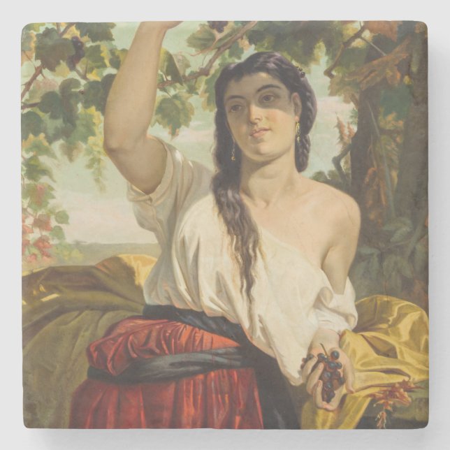 Posavasos De Piedra Mujer italiana recogiendo uvas (cosecha de verano) (Anverso)