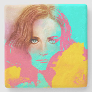 Posavasos De Piedra Mujer pop abstracta colorida, escayola de piedra