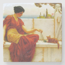 Posavasos De Piedra Mujer romana jugando con su gato favorito