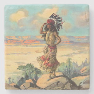 Posavasos De Piedra Mujer Vintage Nativa Americana con Tocado de Pluma