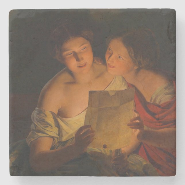 Posavasos De Piedra Mujeres leyendo una carta de amor (de Waldmüller) (Anverso)