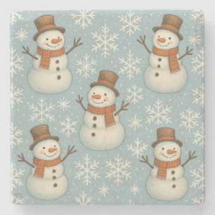 Posavasos De Piedra Muñeco de nieve azul vintage y copos de nieve de N