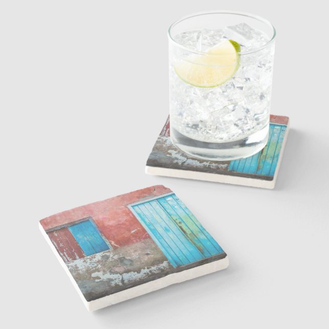 Posavasos De Piedra Muro rojo, azul y gris, puerta y ventana (Lateral)