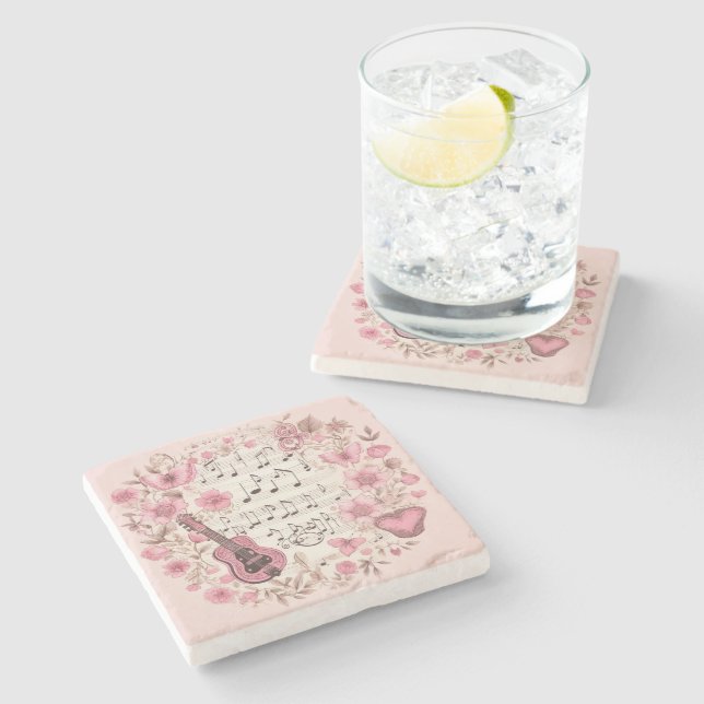 Posavasos De Piedra Music Notes and Flowers Retro Style (Lateral)