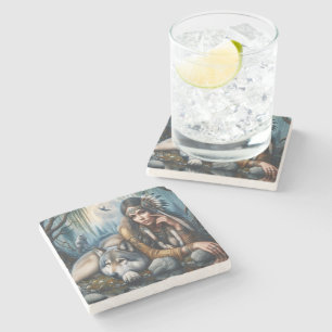 Posavasos De Piedra Mystical Una Nativa Estadounidense Con Lobos
