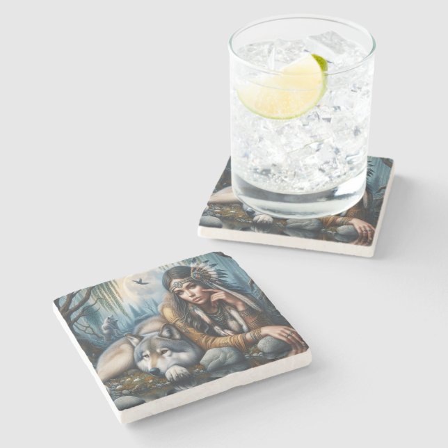 Posavasos De Piedra Mystical Una Nativa Estadounidense Con Lobos (Lateral)