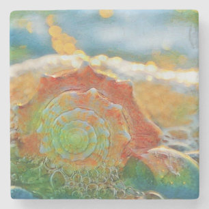 Posavasos De Piedra Naranja acuático moderno y concha marina verde