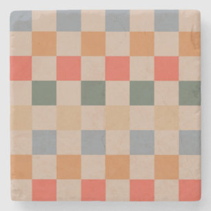 Posavasos De Piedra Naranja azul beige Brown Checkered Gingham Pattern