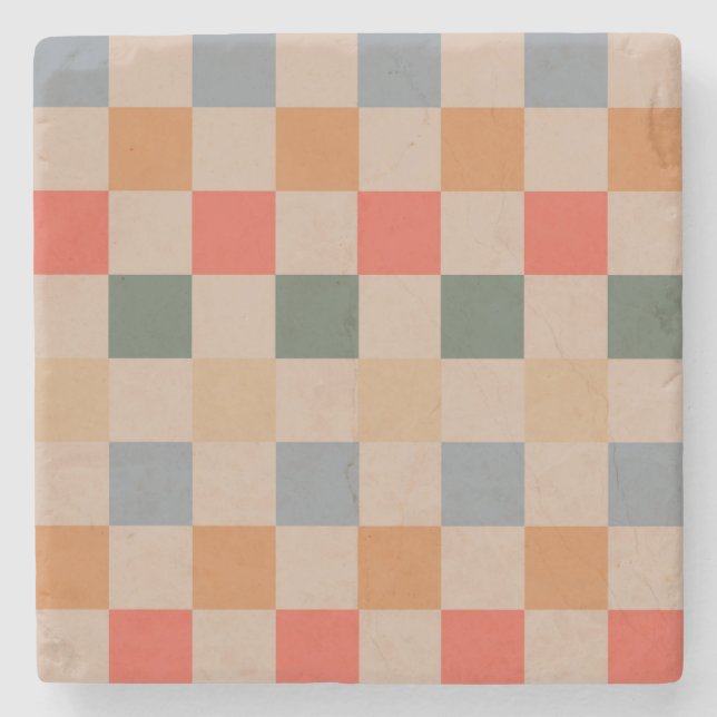 Posavasos De Piedra Naranja azul beige Brown Checkered Gingham Pattern (Anverso)