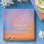 Posavasos De Piedra Naranja Blue Rainbow Sunset Photo cree en Magic<br><div class="desc">"Los que no creen en la magia nunca la encontrarán". Relájese con su bebida favorita en esta vibrante montaña de piedra fotográfica de un arcoiris enclavado en una puesta de sol azul, rosa y naranja iluminada con suavidad. ¡Hace un gran regalo edificante y inspirador! Usted puede personalizar fácilmente esta montaña...</div>