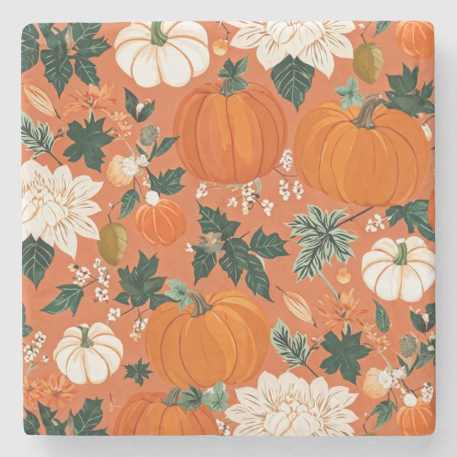 Posavasos De Piedra Naranja Boho Calabaza Patrón floral otoñal (Anverso)