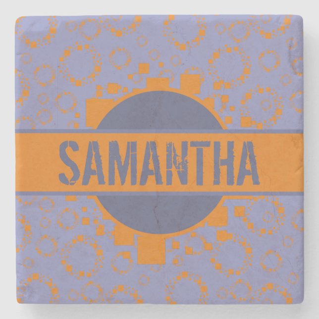 Posavasos De Piedra Naranja Cuadrados púrpuros Círculos Patrón su nomb (Anverso)