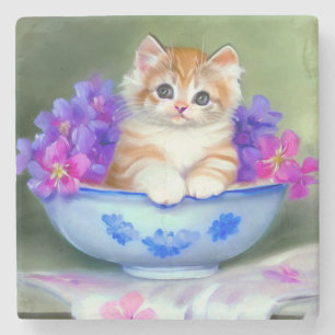 Posavasos De Piedra Naranja de época y Ilustracion de gatito blanco