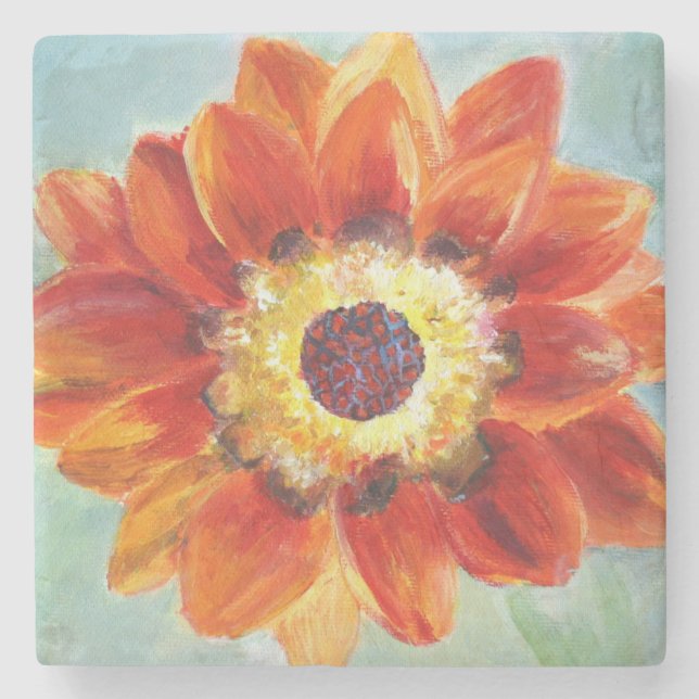 Posavasos De Piedra Naranja de flores pintura arte escayola de piedra  (Anverso)
