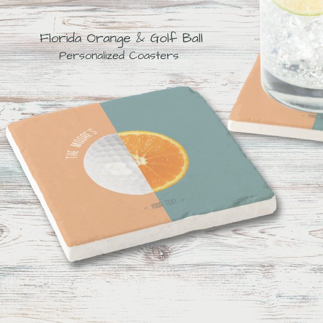 Posavasos De Piedra Naranja de Florida (Personalized Coasters. Half golf ball & Florida orange design with contrasting colored backround!)