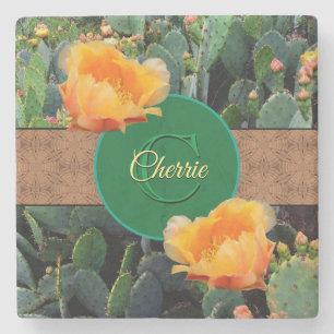 Posavasos De Piedra Naranja Monograma Personalizado Pear Cactus 2