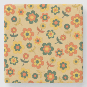 Posavasos De Piedra Naranja retro vintage patrón de flor de los años 7