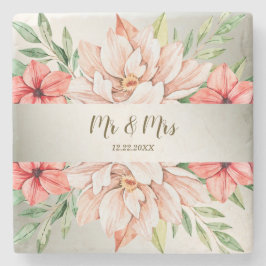 Posavasos De Piedra Naranja rosa boda Hojas Verdes Florales