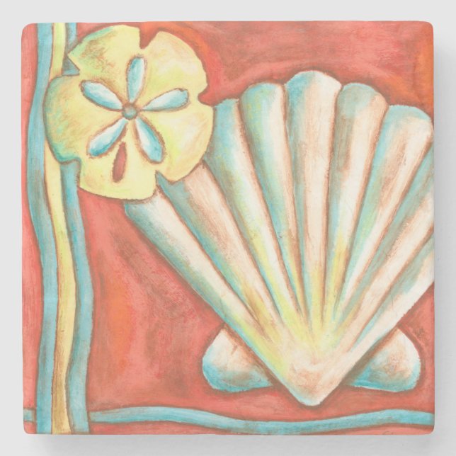 Posavasos De Piedra Naranja Rústico Seashells (Anverso)