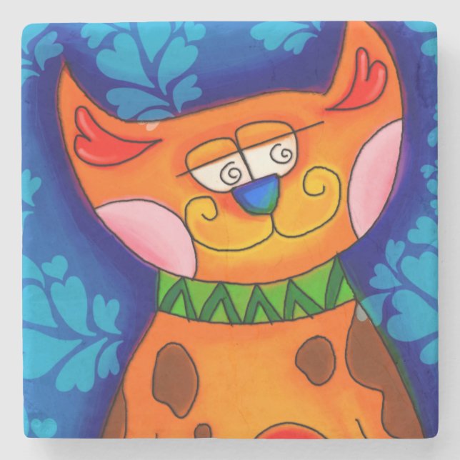 Posavasos De Piedra Naranja sonriente Tabby Cat (Anverso)