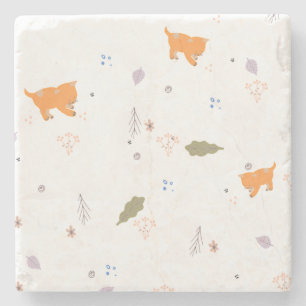 Posavasos De Piedra Naranja Tabby y patrón de hojas