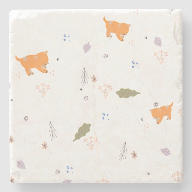 Posavasos De Piedra Naranja Tabby y patrón de hojas (Anverso)