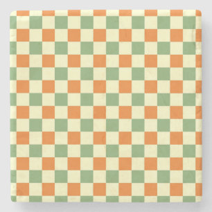 Posavasos De Piedra Naranja Verde Brown Checkered Gingham Pattern