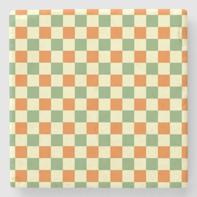 Posavasos De Piedra Naranja Verde Brown Checkered Gingham Pattern (Anverso)