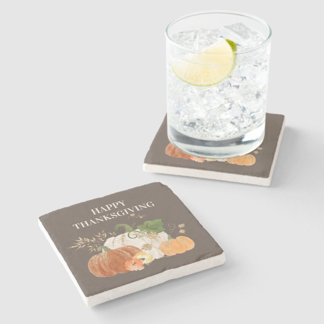 Posavasos De Piedra Naranja White Pumpkins Purpurina de oro Acción de  (Lateral)