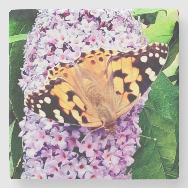 Posavasos De Piedra Naranja y mariposa negra (Anverso)