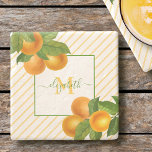 Posavasos De Piedra Naranjas de cítricos rústicos monogramo rayas acua<br><div class="desc">Relájese con su bebida favorita y proteja su mobiliario con esta hermosa, moda, sencilla, moderna y personalizado montaña de piedra. Los naranjas de acuarela y las hojas verdes, junto con la tipografía de escritura manuscrita verde césped, superponen un patrón de pinstripe amarillo naranja claro. Personaliza con tu nombre y monograma...</div>