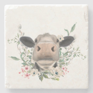 Posavasos De Piedra nariz de vaca besa flores acuarela gris animal de