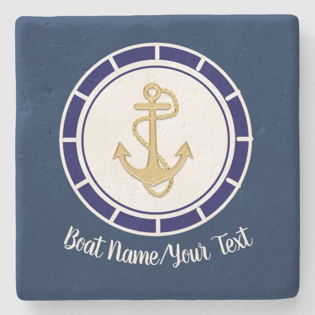 Posavasos De Piedra Náutica azul de la Marina Central del Ancla Dorada (Anverso)