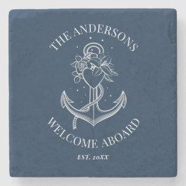 Posavasos De Piedra Nautical Anchor Naval Blue Family Name