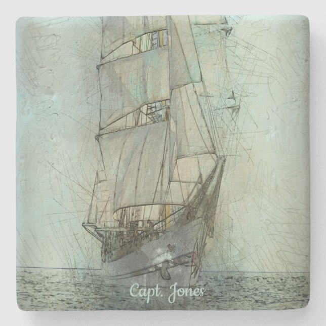 Posavasos De Piedra Nautical Classic Ship (Azul) (Anverso)