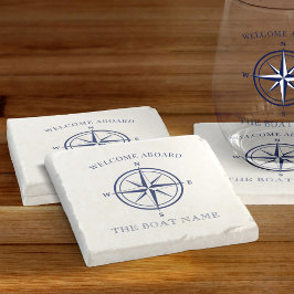 Posavasos De Piedra Nautical Compass Rosa Navy nombre del barco azul