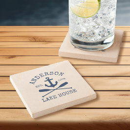 Posavasos De Piedra Nautical Lake House Blue Anchor Oars Sandstone