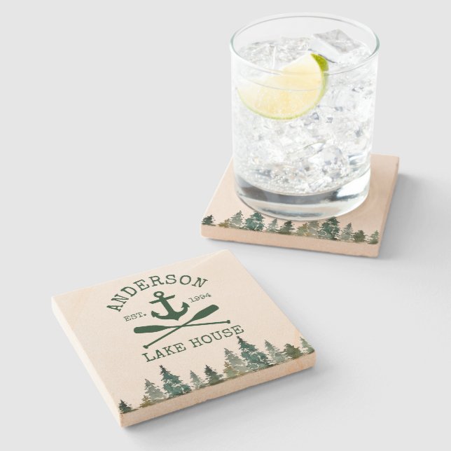 Posavasos De Piedra Nautical Lake House Nombre de familia Anchor Oars  (Lateral)