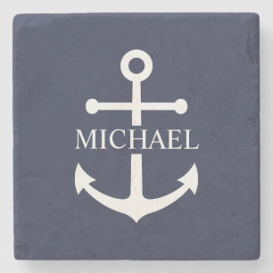 Posavasos De Piedra Nautical Navy Blue Anchor Nombre Personalizado