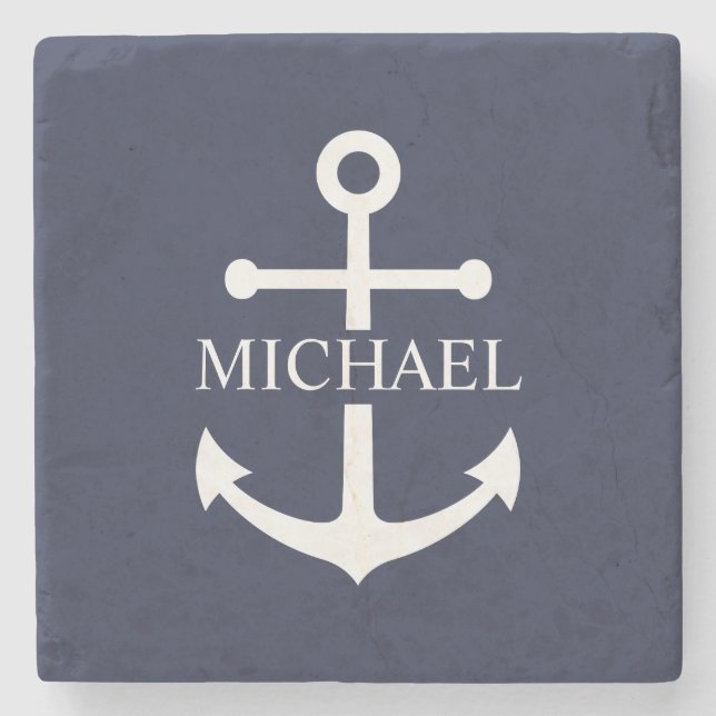 Posavasos De Piedra Nautical Navy Blue Anchor Nombre Personalizado (Anverso)
