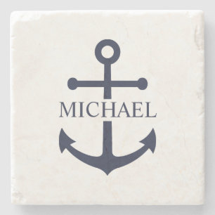 Posavasos De Piedra Nautical Navy Blue Anchor Nombre Personalizado