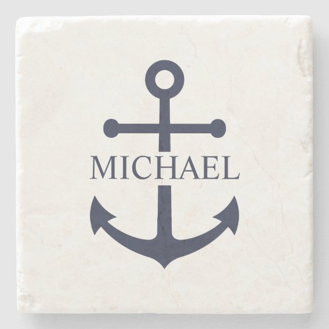 Posavasos De Piedra Nautical Navy Blue Anchor Nombre Personalizado (Anverso)