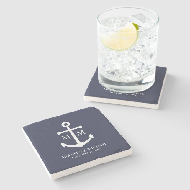 Posavasos De Piedra Nautical Navy Blue Anchor Wedding (Lateral)