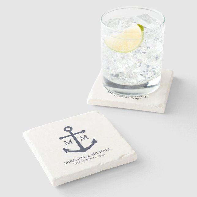 Posavasos De Piedra Nautical Navy Blue Anchor Wedding (Lateral)