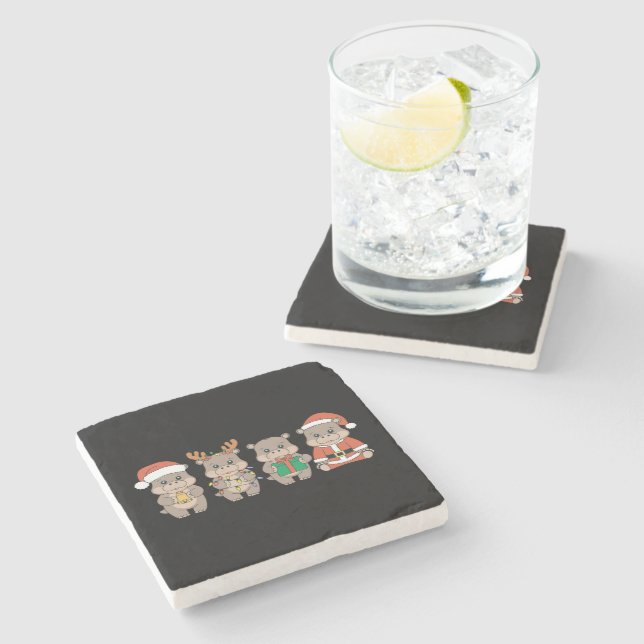 Posavasos De Piedra Navidad de Moo Deng hipopótamo bebé (Lateral)