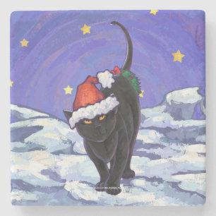 Posavasos De Piedra Navidad del gato negro de la noche estrellada