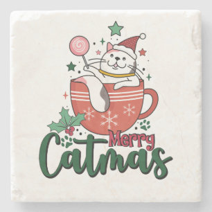 Posavasos De Piedra Navidad Regalo Merry Cute Catmas